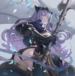 Rule 34 | 1girl, absurdres, ass, axe, black gloves, black panties, breasts, butt crack, camilla (fire emblem), commentary, da-cart, dragon, fire emblem, fire emblem fates, gloves, hair over one eye, highres, holding, holding axe, holding weapon, horns, large breasts, long hair, looking at viewer, nintendo, panties, purple eyes, purple hair, smile, solo, underwear, very long hair, weapon