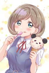 Rule 34 | 1girl, aqua eyes, blue dress, brown hair, collared shirt, commentary, dress, flipped hair, food, food on face, highres, holding, holding food, holding ice cream, holding spoon, ice cream, licking lips, light brown hair, looking at viewer, love live!, love live! superstar!!, neck ribbon, osono (jpku7757), pinafore dress, red ribbon, ribbon, school uniform, shirt, short hair, short sleeves, sleeveless, sleeveless dress, solo, spoon, summer uniform, tang keke, tongue, tongue out, white shirt, yellow background, yuigaoka school uniform