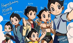 Rule 34 | 6+boys, atom (tetsuwan atom), black eyes, black hair, black shorts, blue jacket, blue sky, brown eyes, character name, child, closed mouth, commentary, copyright name, crossed arms, crossover, cup, dated, disposable cup, drink, drinking straw, english commentary, english text, green eyes, hands up, happy birthday, highres, holding, holding cup, holding phone, in-franchise crossover, jacket, long sleeves, looking at viewer, looking up, male focus, multiple boys, multiple crossover, multiple persona, open mouth, outstretched arm, phone, pluto (manga), reaching, reaching towards viewer, red eyes, red shirt, shirt, shorts, sky, smile, somezaki midori, spiked hair, taking picture, tetsuwan atom, topless male, turtleneck, v, white shirt