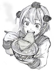 Rule 34 | 1girl, blush, bowl, chopsticks, commentary, cup ramen, eating, food, greyscale, hair between eyes, headgear, headset, holding, holding chopsticks, instant udon, kantai collection, kitsune udon, long sleeves, looking down, maruchan akai kitsune udon, monochrome, noodles, open mouth, sailor collar, short hair, simple background, solo, speaking tube headset, sweat, teeth, udon, upper body, white background, yamada rei (rou), yukikaze (kancolle)