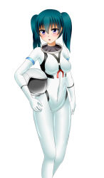 Rule 34 | 1girl, absurdres, artist request, blue eyes, blush, breasts, green hair, helmet, highres, holding, holding helmet, honjou mikaze, long hair, looking at viewer, medium breasts, pilot helmet, pilot suit, shiny clothes, simple background, skin tight, solo, standing, stratos 4, twintails, white background