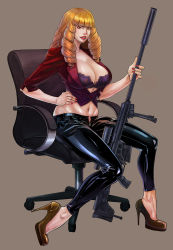 Rule 34 | 1girl, absurdres, bangslips, blunt bangs, bra, breasts, chair, gun, hand on own hip, high heels, highres, large breasts, nail polish, office chair, office lady, orange hair, original, pants, rifle, ringlets, sniper rifle, solo, swivel chair, tiewan, tight clothes, tight pants, underwear, weapon