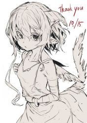 Rule 34 | 1girl, bandaged arm, bandages, bare shoulders, closed mouth, collarbone, commentary request, curled horns, dated, dress, feathered wings, hair between eyes, highres, horns, looking at viewer, mini wings, monochrome, original, pointy ears, simple background, sleeveless, sleeveless dress, solo, tail raised, thank you, white background, wings, yuuji (yukimimi)