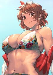 1girl abs bikini blue_sky breasts brown_hair cleavage earrings floral_print gakuen_idolmaster hair_ribbon hanami_ume highres idolmaster jewelry large_breasts looking_at_viewer looking_down mikel_(4hands) muscular muscular_female orange_eyes ribbon short_hair sky smile solo swimsuit toned toned_female upper_body