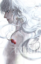 Rule 34 | 1990s (style), 1boy, behelit, bermode, berserk, character name, english text, grey eyes, griffith (berserk), lips, long hair, male focus, nose, nude, retro artstyle, silver hair, simple background, smile, solo, white background