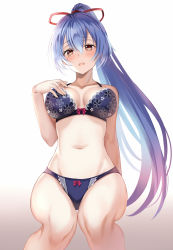 Rule 34 | 1girl, :o, arm behind back, bad id, bad pixiv id, bare arms, bare shoulders, blue hair, blush, bow, bow bra, bow panties, bra, fate/grand order, fate (series), hair between eyes, hair ribbon, hand on own chest, harimoji, invisible chair, lace, lace-trimmed bra, lace-trimmed panties, lace trim, lingerie, looking at viewer, looking back, navel, open mouth, panties, ponytail, red ribbon, ribbon, sitting, thighhighs, tomoe gozen (fate), underwear, underwear only, yellow eyes