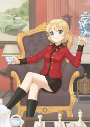 Rule 34 | 1girl, absurdres, armchair, black footwear, black skirt, blonde hair, blue eyes, board game, boots, braid, chair, chess, chess piece, chessboard, churchill (tank), closed mouth, commentary, crossed legs, cup, darjeeling (girls und panzer), female focus, fireplace, girls und panzer, highres, holding, holding chess piece, holding cup, indoors, jacket, lamp, long sleeves, looking at viewer, military, military uniform, military vehicle, miniskirt, motor vehicle, on chair, painting (object), pleated skirt, qgkmn541, red jacket, saucer, short hair, sitting, skirt, smile, solo, st. gloriana&#039;s military uniform, table, tank, teacup, teapot, twin braids, uniform, vase