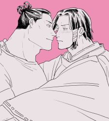 Rule 34 | 2boys, adam&#039;s apple, black hair, blush, couple, eye contact, face-to-face, greyscale with colored background, jujutsu kaisen, kamo noritoshi, looking at another, male focus, multiple boys, pink background, profile, rin5su0605, scar, scar across eye, short hair, sideburns, thick neck, toudou aoi (jujutsu kaisen), upper body, yaoi