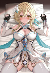 Rule 34 | 1girl, black gloves, blonde hair, blush, breasts, closed mouth, detached sleeves, dress, feather hair ornament, feathers, flower, genshin impact, gloves, hair between eyes, hair flower, hair ornament, head on pillow, highres, kagemi, large breasts, long sleeves, looking at viewer, lumine (genshin impact), lying, on back, on bed, partially fingerless gloves, scarf, short dress, short hair with long locks, solo, thighhighs, white dress, white flower, white scarf, white sleeves, white thighhighs, yellow eyes