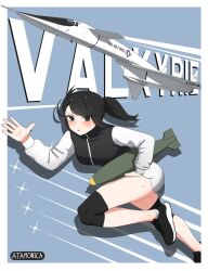 Rule 34 | 1girl, aircraft, airplane, artist name, atamonica, black eyes, black footwear, black hair, black sweater, blue background, blush, bomb, border, commentary, english commentary, explosive, highres, holding, holding bomb, insignia, jet, long hair, looking at viewer, original, personification, ponytail, running, short shorts, shorts, solo, star (symbol), sweatdrop, sweater, thighs, two-tone sweater, united states air force, vehicle and personification, vehicle name, white border, white shorts, white sweater, xb-70