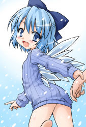 Rule 34 | 1girl, akou roushi, barefoot, blue eyes, blue hair, blush, bottomless, bow, cirno, hair bow, holding another&#039;s wrist, matching hair/eyes, naked sweater, no pants, open mouth, perfect cherry blossom, ribbed sweater, smile, snow, snowing, solo, solo focus, sweater, touhou, wings