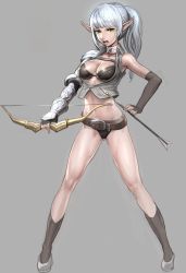 Rule 34 | 1girl, armor, arrow (projectile), bad id, bad pixiv id, belt, bikini, bow (weapon), breasts, cleavage, collar, elbow gloves, elf, fingerless gloves, gloves, green eyes, oetaro, open mouth, original, panties, pointy ears, shiny skin, silver hair, solo, swimsuit, underwear, weapon