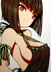 Rule 34 | 1girl, apron, breasts, brown hair, character request, cleavage, god eater, highres, large breasts, looking at viewer, naked apron, pink lips, red eyes, seductive smile, short hair, sideboob, smile, solo