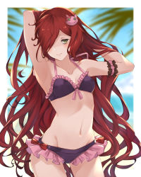 Rule 34 | 1girl, anna (granblue fantasy), arm garter, arms up, bikini, blurry, blurry background, blush, border, breasts, collarbone, commentary, cowboy shot, frilled bikini, frills, front-tie top, granblue fantasy, green eyes, groin, hair ornament, hair over one eye, hands in hair, long hair, looking at viewer, navel, outside border, purple bikini, red eyes, small breasts, solo, swimsuit, very long hair, white border, wuming