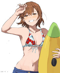 Rule 34 | 1girl, absurdres, arm up, bikini, breasts, brown eyes, brown hair, dated, front-tie bikini top, front-tie top, highres, holding, looking at viewer, misaka mikoto, navel, official alternate costume, parted lips, small breasts, smile, solo, swimsuit, takatisakana, toaru kagaku no railgun, toaru majutsu no index, toaru majutsu no index: imaginary fest, upper body, white background
