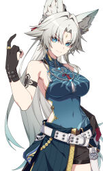 Rule 34 | 1girl, a-fei z, absurdres, animal ear fluff, animal ears, aqua eyes, aqua shirt, bare shoulders, black gloves, black shorts, breasts, chinese clothes, closed mouth, clothing cutout, covered navel, cowboy shot, feixiao (honkai: star rail), forehead jewel, fox ears, gloves, grey hair, highres, honkai: star rail, honkai (series), long hair, looking at viewer, partially fingerless gloves, shirt, shorts, side cutout, sideboob, simple background, smile, solo, thighs, white background