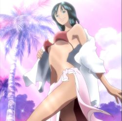 Rule 34 | 1girl, bikini, black hair, breasts, cloud, female focus, highres, navel, nico robin, one piece, outdoors, red bikini, screencap, sky, smile, solo, stitched, swimsuit, third-party edit