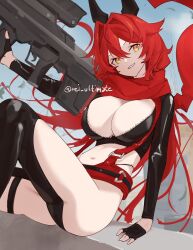 Rule 34 | 1girl, anti-materiel rifle, ass, black gloves, breasts, bullpup, chaps, cleavage, crop top, cropped jacket, dark ultimate rei, fingerless gloves, gloves, goddess of victory: nikke, grin, gun, hair between eyes, headgear, highres, holding, holding weapon, horns, jacket, large breasts, leather, leather jacket, long hair, mechanical horns, navel, orange eyes, red hair, red hood (nikke), red jacket, red scarf, rifle, scarf, sitting, smile, sniper rifle, solo, twitter username, unzipped, very long hair, weapon, zipper
