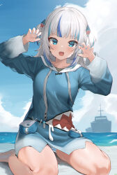 Rule 34 | 1girl, :d, absurdres, animal hood, blue eyes, blue hair, blue hoodie, blue nails, blue sky, blunt bangs, claw pose, cloud, commentary request, day, drawstring, fingernails, gawr gura, gawr gura (1st costume), grey hair, hair ornament, hand up, highres, hololive, hololive english, hood, hoodie, horizon, light blush, long sleeves, looking at viewer, medium hair, multicolored hair, myonchi, nail polish, ocean, open mouth, outdoors, panties, pantyshot, shark girl, shark hair ornament, shark hood, sharp teeth, ship, sitting, sky, smile, solo, streaked hair, striped clothes, striped panties, teeth, two side up, underwear, upper teeth only, virtual youtuber, wariza, watercraft