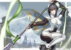 Rule 34 | 1girl, black hair, bodysuit, breasts, bun cover, cape, cloud print, double bun, fate/grand order, fate (series), fighting stance, fingerless gloves, gloves, green eyes, hair bun, highres, holding, holding polearm, holding weapon, kotera ryou, large breasts, leg up, polearm, qin liangyu (fate), spear, weapon