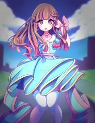 Rule 34 | 1girl, angelica (k3lly), arm up, blue dress, blue skirt, bow, brown eyes, brown hair, cat choker, choker, cloud, day, dress, highres, jewelry, legs together, long hair, looking at viewer, no pupils, original, outdoors, pendant, peter pan collar, pink bow, pink choker, pink sash, sash, skirt, solo, standing, sunlight, thighhighs, watermark, web address, white thighhighs, zettai ryouiki