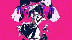 Rule 34 | 1girl, ame-chan (needy girl overdose), black hair, black ribbon, black skirt, bow, can, candy, collar, collared shirt, curtains, darling dance (vocaloid), derivative work, evandragon, food, footwear bow, hair ornament, hair over one eye, hair tie, hairclip, halo, heart, heart-shaped pupils, heart-shaped lollipop, jirai kei, limited palette, lollipop, long hair, looking at viewer, melting halo, neck ribbon, needy girl overdose, parody, pill, pink background, pink eyes, red shirt, ribbon, shaped lollipop, shirt, shirt tucked in, skirt, skirt hold, smile, solo, suspender skirt, suspenders, symbol-shaped pupils, twintails, vocaloid, white collar, x hair ornament