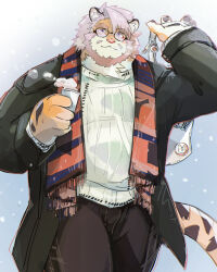 Rule 34 | 1boy, absurdres, animal ears, bag, bara, beard, black jacket, brown pants, claws, cup, drink, facial hair, furry, furry male, glasses, highres, holding, holding bag, holding cup, holding drink, indie virtual youtuber, jacket, kagai terutora, looking at viewer, male focus, pants, pawpads, scarf, smile, snow, sozo, steam, sweater, tail, tiger boy, tiger ears, tiger stripes, tiger tail, white sweater