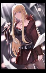 Rule 34 | aoki shizumi, black pantyhose, blonde hair, bridal garter, closed mouth, coat, d4dj, earrings, fur coat, highres, holding, holding microphone, jewelry, looking at viewer, microphone, necklace, neo (d4dj), pantyhose, skirt