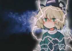 Rule 34 | 1girl, absurdres, black hat, blonde hair, closed mouth, commentary, dress, english commentary, green dress, green eyes, hat, highres, iesonatana, lightning, long sleeves, looking at viewer, low tier god, medium hair, meme, soga no tojiko, solo, tate eboshi, touhou, upper body, you should kill yourself now (meme)