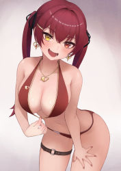 Rule 34 | 1girl, anidante, ass, bare arms, bare shoulders, bent over, bikini, bikini pull, breasts, cleavage, clothes pull, earrings, gradient background, hair ribbon, heart, heart earrings, heart necklace, heterochromia, highres, hololive, houshou marine, houshou marine (summer), jewelry, large breasts, leaning forward, looking at viewer, nail polish, navel, necklace, o-ring, o-ring thigh strap, open mouth, pink nails, red bikini, red eyes, red hair, ribbon, solo, swimsuit, thigh strap, thighs, twintails, virtual youtuber, yellow eyes