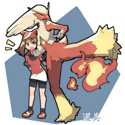Rule 34 | 1girl, bandana, bike shorts, black socks, blaziken, brown hair, clenched hands, collared shirt, commentary request, creatures (company), eyelashes, fang, fire, floating atsumi, game freak, gen 3 pokemon, gloves, grey eyes, highres, may (pokemon), nintendo, open mouth, pokemon, pokemon (creature), pokemon rse, red bandana, red footwear, red shirt, shirt, shoes, short sleeves, shout lines, skirt, socks, standing, white skirt