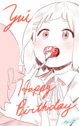Rule 34 | 2girls, absurdres, blush, character name, character request, collared shirt, feeding, fingernails, food, fork, fruit, glasses, hair ornament, hairclip, happy birthday, highres, hirasawa yui, holding, holding fork, huge filesize, k-on!, medium hair, monochrome, multiple girls, neck ribbon, red theme, ribbon, ryusei hashida, saliva, shirt, signature, simple background, spot color, strawberry, white background, wide-eyed, wing collar