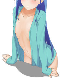 Rule 34 | 1girl, :o, arm support, blue hair, blue jacket, blush, bokutachi wa benkyou ga dekinai, breasts, brown eyes, coat, collarbone, commentary request, derivative work, flat chest, furuhashi fumino, groin, head out of frame, hinata masaki, jacket, leaning forward, long hair, long sleeves, looking at viewer, mole, mole under eye, naked coat, navel, no bra, open clothes, open jacket, parted lips, sleeves past wrists, small breasts, solo, very long hair, white background