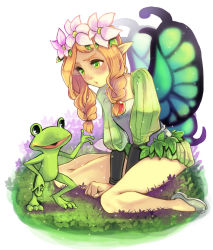 Rule 34 | bad id, bad pixiv id, blonde hair, blush, braid, bug, butterfly, flower, frog, green eyes, hair flower, hair ornament, insect, long hair, mercedes (odin sphere), miso katsu, odin sphere, pointy ears, puff and slash sleeves, puffy shorts, puffy sleeves, shorts, solo, twin braids