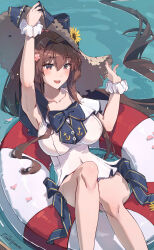 Rule 34 | 1girl, absurdres, alternate costume, anchor symbol, artist name, bare arms, bare legs, bare shoulders, barefoot, blush, breasts, brown eyes, brown hair, commentary request, cosplay, covered navel, cup, drink, drinking straw, flower, food, hair between eyes, hat, highres, himeyamato, innertube, kantai collection, large breasts, long hair, one-piece swimsuit, open mouth, partially submerged, petals, petals on liquid, ponytail, signature, smile, soles, solo, straw hat, sunflower, swim ring, swimsuit, toes, very long hair, waffle, water, white one-piece swimsuit, yamato (kancolle), yellow flower, yukikaze (kancolle), yukikaze (kancolle) (cosplay), yukikaze (summer mode) (kancolle)