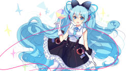 Rule 34 | 1girl, aqua eyes, aqua hair, black bow, black skirt, bow, cable, commentary, cowboy shot, cube, framed breasts, frilled skirt, frills, gloves, hair bow, hand up, hatsune miku, headphones, hoop skirt, index finger raised, long hair, magical mirai (vocaloid), magical mirai miku, magical mirai miku (2016), open mouth, shanguier, shirt, skirt, sleeveless, sleeveless shirt, smile, solo, thighhighs, twintails, very long hair, vocaloid, white background, white gloves, white shirt, white thighhighs