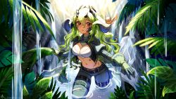 Rule 34 | 1girl, arknights, artist name, belt, bird, black belt, breasts, brown eyes, cleavage, commentary, cowboy shot, crop top, estelle (arknights), gloves, green gloves, green hair, green pants, hair between eyes, highres, horns, long hair, long sleeves, looking at viewer, medium breasts, midriff, navel, pants, parted lips, shirt, silversirius, solo, thigh belt, thigh strap, torn clothes, torn pants, wading, water, waterfall, wavy hair, white shirt