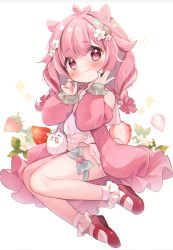 Rule 34 | 1girl, 1other, animal, animal ears, blush, bow, braid, child, dress, flower, food, fruit, gau (n00 shi), hair flower, hair ornament, hamster, hamster ears, hamster girl, hands on own face, highres, leg ribbon, long hair, long sleeves, mary janes, original, pink dress, pink eyes, pink hair, pink sleeves, red footwear, ribbon, shoes, smile, socks, strawberry, thigh ribbon, thighs, twin braids, twintails, white socks