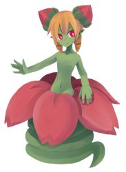 Rule 34 | 1girl, alraune, bad id, bad pixiv id, blonde hair, colored skin, curly hair, disgaea, drill hair, flat chest, flora beast (disgaea), flower, flower bud, green skin, groin, highres, kayuka, monster girl, navel, nippon ichi, no nipples, nude, plant, plant girl, pointy ears, red eyes, red flower, red rose, rose, solo, vines