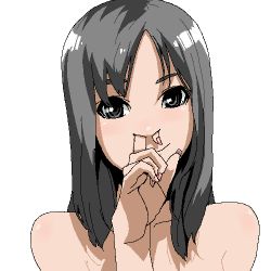 Rule 34 | 1girl, aliasing, black eyes, black hair, chiisan, female focus, grey hair, long hair, looking at viewer, lowres, nail polish, nose piercing, nose ring, nude, piercing, pink nails, simple background, smile, solo, tagme, upper body, what, white background