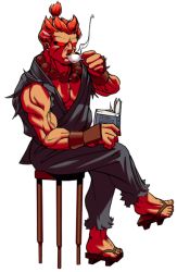 Rule 34 | 1boy, beads, book, capcom, cup, dougi, drinking, geta, glowing, glowing eyes, akuma (street fighter), male focus, muscular, pectorals, prayer beads, red eyes, red hair, sandals, sitting, solo, stool, street fighter, tea, teacup, topknot