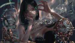 Rule 34 | 1girl, black hair, blurry, blurry background, breasts, circlet, freckles, gem, ghostblade, grey eyes, head on hand, highres, jewelry, lips, making-of available, monocle, necklace, one eye closed, patreon username, ring, small breasts, solo, strapless, watermark, web address, wlop
