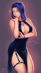 Rule 34 | 1girl, alternate costume, arcane: league of legends, arcane caitlyn, black dress, blue eyes, blue hair, blush, bracelet, breasts, caitlyn (league of legends), center opening, character name, cleavage, dress, earrings, garter straps, halter dress, halterneck, highres, hoop earrings, iahfy, jewelry, large breasts, league of legends, long dress, long hair, looking at viewer, naughty face, necklace, no bra, o-ring, pelvic curtain, side slit, sleeveless, sleeveless dress, solo, standing, thick thighs, thigh strap, thighs