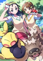 Rule 34 | 2girls, :d, absurdres, black hair, blush, brown eyes, clenched hand, collared shirt, commentary request, creatures (company), day, eyelashes, game freak, gen 3 pokemon, hairband, hands up, highres, holding, holding poke ball, long hair, looking at viewer, makuhita, multiple girls, nintendo, open mouth, outdoors, pleated skirt, poke ball, poke ball (basic), pokemon, pokemon (creature), pokemon oras, pon yui, shirt, short sleeves, skirt, smile, teammates (pokemon), tongue, vest, white shirt, yellow hairband, yellow vest, zigzagoon