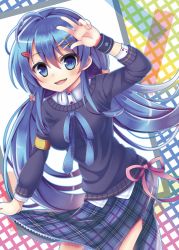 Rule 34 | 1girl, bad id, blue eyes, blue hair, buttons, fang, hair ornament, hairclip, long hair, long sleeves, low twintails, matching hair/eyes, original, outline, pink ribbon, plaid, plaid skirt, ribbon, skirt, solo, sweater, twintails, w, wristband, yatsuki yura