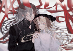 Rule 34 | 1boy, 1girl, age difference, bishounen, black nails, black robe, blonde hair, couple, grey eyes, grey hair, hair between eyes, hand on another&#039;s arm, hand on another&#039;s head, hetero, highres, long hair, long sleeves, looking at another, lying, msa (fary white), on back, original, parted lips, red ribbon, ribbon, robe, slit pupils, wavy hair, white robe