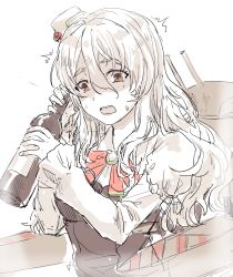 Rule 34 | 1girl, ^^^, alcohol, bottle, bow, bowtie, breasts, brown eyes, commentary, corset, fingernails, frilled sleeves, frills, grey hair, hagioshi, hair between eyes, hair over shoulder, hat, highres, holding, holding bottle, kantai collection, long hair, long sleeves, machinery, mini hat, open mouth, pola (kancolle), puffy long sleeves, puffy sleeves, red bow, red bowtie, ribbon, rigging, round teeth, shaded face, shirt, simple background, solo, sweat, teeth, thick eyebrows, tilted headwear, turret, upper body, wavy hair, white background, white shirt, wine, wine bottle
