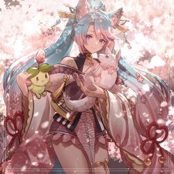 Rule 34 | 1girl, animal, animal ear fluff, animal ears, black kimono, black sleeves, blue eyes, blue hair, breasts, cleavage, commentary, detached sleeves, english commentary, flower, hair flower, hair ornament, holding, holding animal, japanese clothes, kimono, kokuzu, large breasts, long hair, looking at viewer, multicolored hair, pink hair, second-party source, silvervale, smile, streaked hair, swept bangs, thigh strap, twintails, virtual youtuber, vshojo, wolf, wolf ears, wolf girl