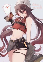 Rule 34 | 1girl, absurdres, bare arms, bare shoulders, belt, black belt, black skirt, boo tao (genshin impact), brown hair, cellphone, commentary request, cowboy shot, crop top, engasaki sakura, genshin impact, grin, hair ornament, hairclip, highres, holding, holding phone, hu tao (galaxy store) (genshin impact), hu tao (genshin impact), long hair, looking at viewer, midriff, miniskirt, navel, phone, pleated skirt, red eyes, red shirt, shirt, skirt, sleeveless, sleeveless shirt, smartphone, smile, solo, standing, stomach, thigh strap, thighs, twintails, very long hair