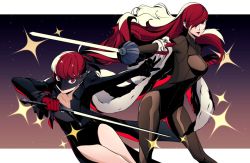 Rule 34 | 2girls, black bodysuit, black gloves, black jacket, black mask, black ribbon, bodysuit, closed mouth, coat, commentary, commission, english commentary, floating hair, frilled sleeves, frills, fur coat, gloves, hair over one eye, hair ribbon, holding, holding sword, holding weapon, jacket, kirijou mitsuru, leotard, leotard under clothes, lips, long hair, long sleeves, looking at viewer, mask, masked, multiple girls, one eye covered, open clothes, open jacket, persona, persona 3, persona 4: the ultimate in mayonaka arena, persona 5, ponytail, rapier, red eyes, red gloves, red hair, red lips, ribbon, strapless, strapless leotard, sword, wanderstillart, weapon, white coat, yoshizawa kasumi